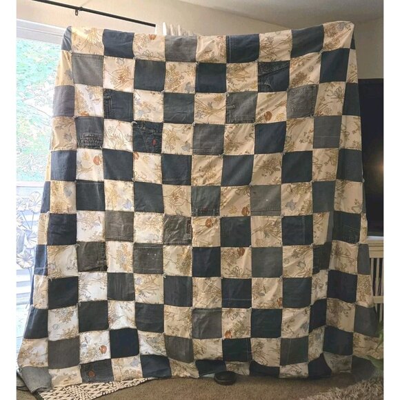 Vtg 70s Denim Blue Jeans Patchwork Crazy Quilt Pockets Labels Butterfly F/Queen - Picture 6 of 16